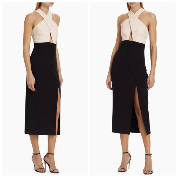 New Toccin Audrey Crossover Colorblock Ivory/Jet Sheath Cocktail Dress Size 12 - Picture 3 of 9